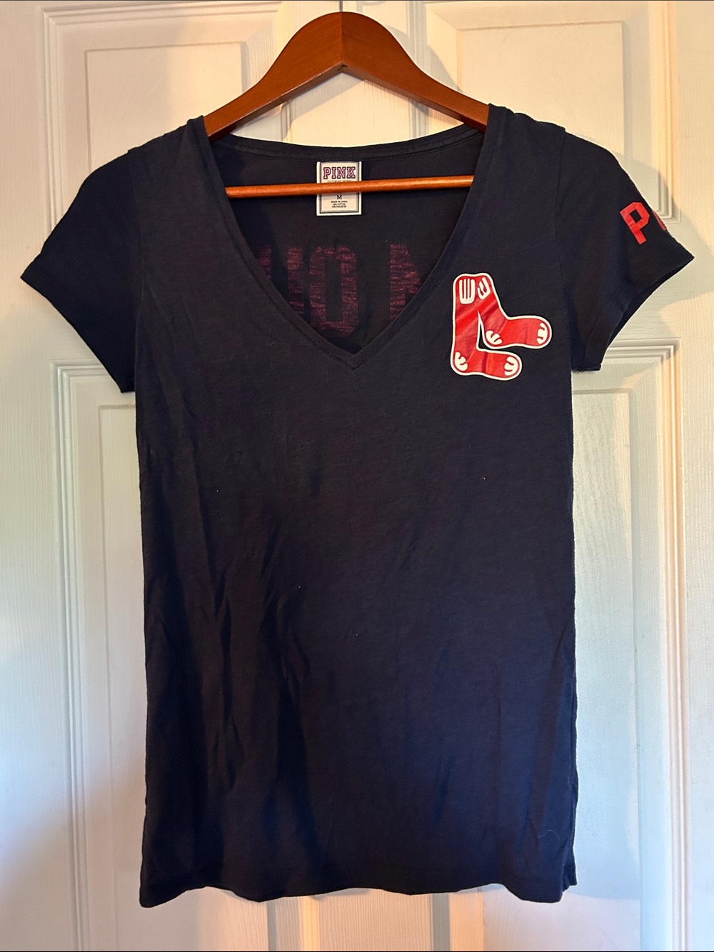 PINK Victoria's Secret Navy V-Neck Tee with Boston Red Sox Logo